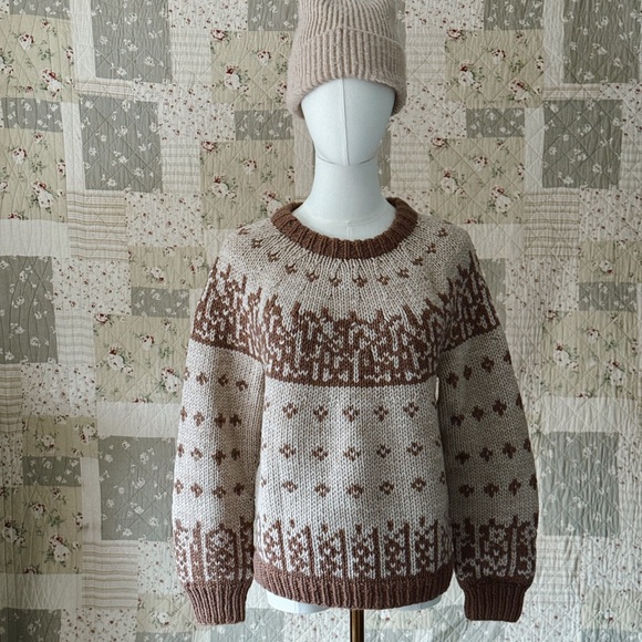 Vintage Nordic Style Hand-Made Sweater | Chunky Brown and Cream Winter Knit - Picture 4 of 12